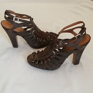 Donald J. Pliner distressed leather strappy heel shoes in classic brown